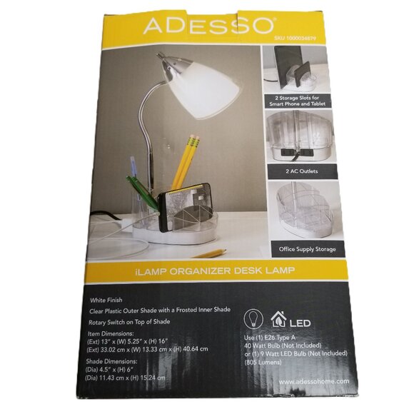 Adesso iLamp Organizer Desk Lamp White LED Gooseneck Phone Holder Office Storage - Picture 1 of 8